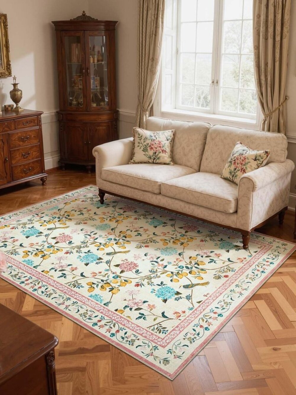 5x7 Area Rug, Washable Floral Rug Non Slip Soft, Beige/Pink